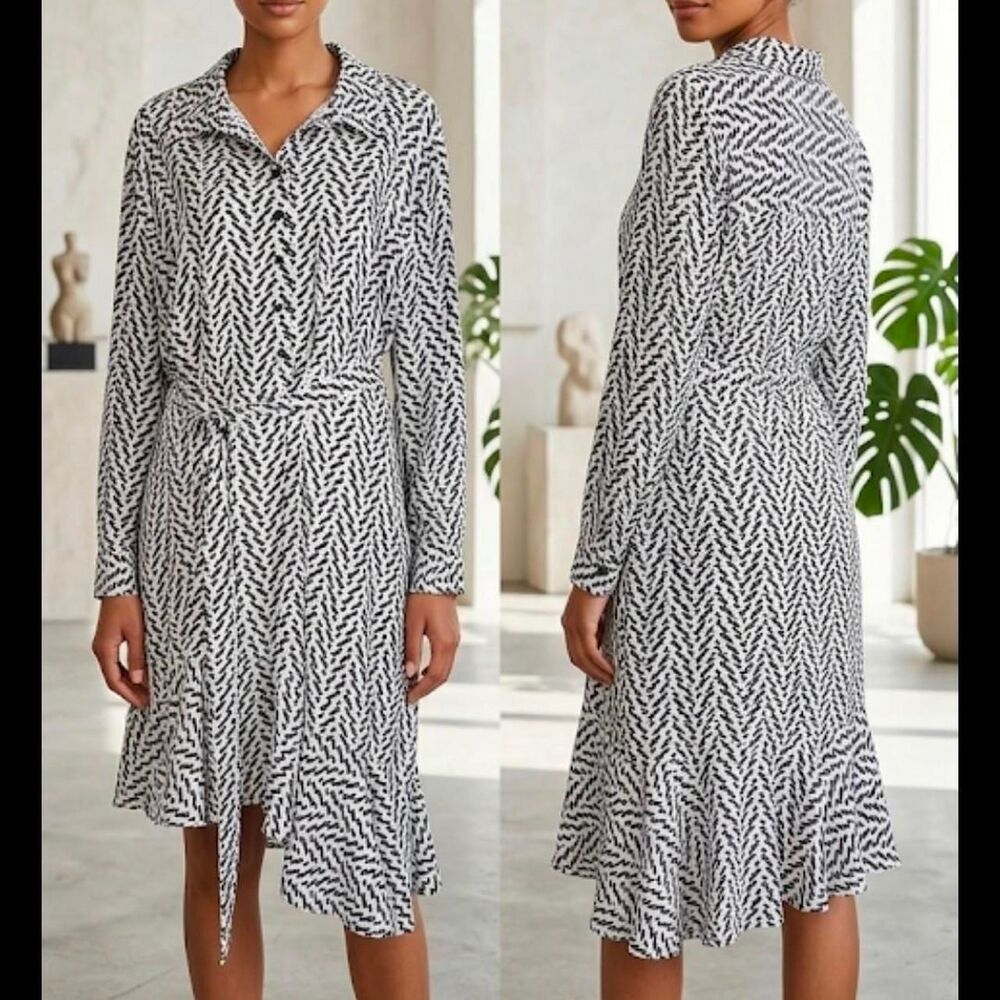 Rebel Wilson x Angels  3X Black White Geometric Print Asymmetric Ruffle Dress